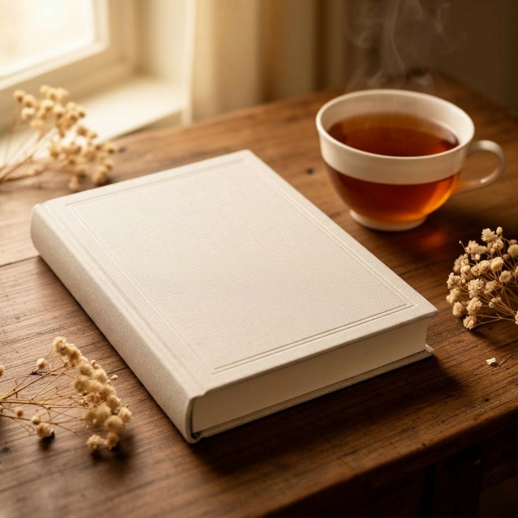 Livro de memórias de capa de linho, sobre uma mesa de madeira à luz da janela